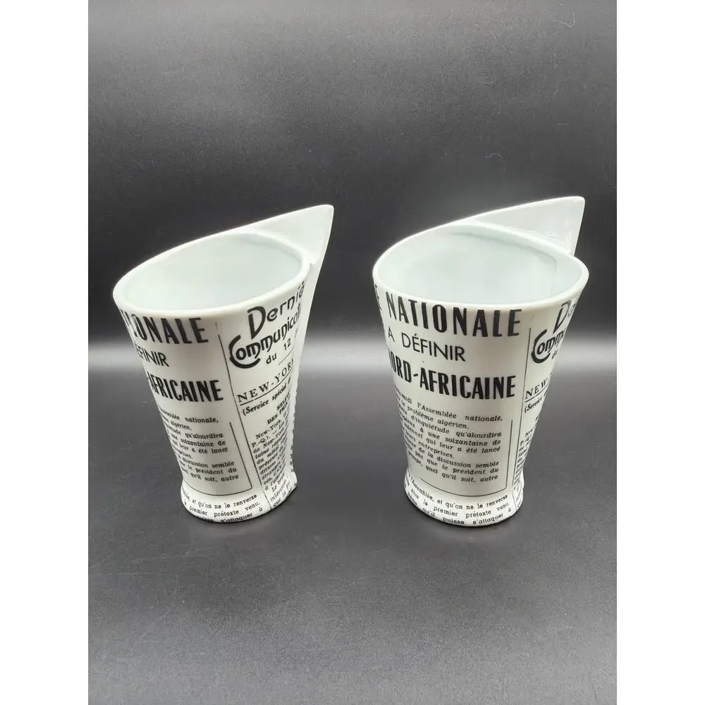 Williams Sonoma French Newspaper Porcelain Fry Holders Paris Cafe Set 2
